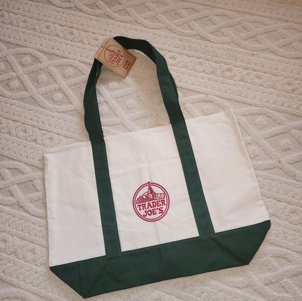 NWT Trader Joe's Green and White Canvas Tote - Picture 4 of 4